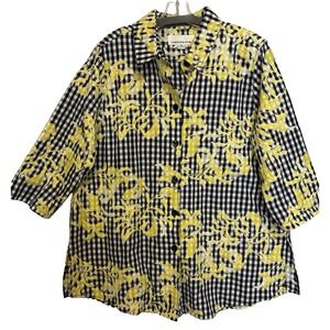 Caroline Rose Checkered Gingham Tunic Jacket Floral Embroidered XL Cottagecore